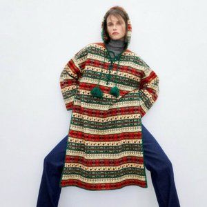 NWT Zara JACQUARD WOOL BLEND PONCHO S-M | 5755/138 $129 NWT GREEN STRIPED